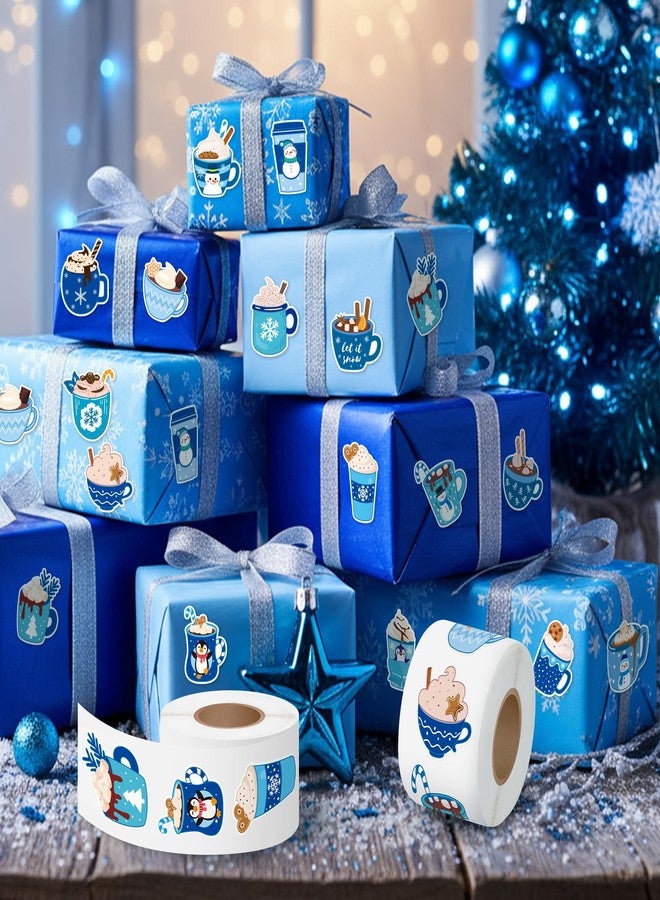 Haooryx Winter Latte Sticker Rolls - 1000Pcs Blue Color Mugs Latte Stickers in 16 Different Patterns, Self-Adhesive Vinyl Label Decals for Teens Adults Winter Holiday Party Supplies Laptop Scrapbook - Image 4
